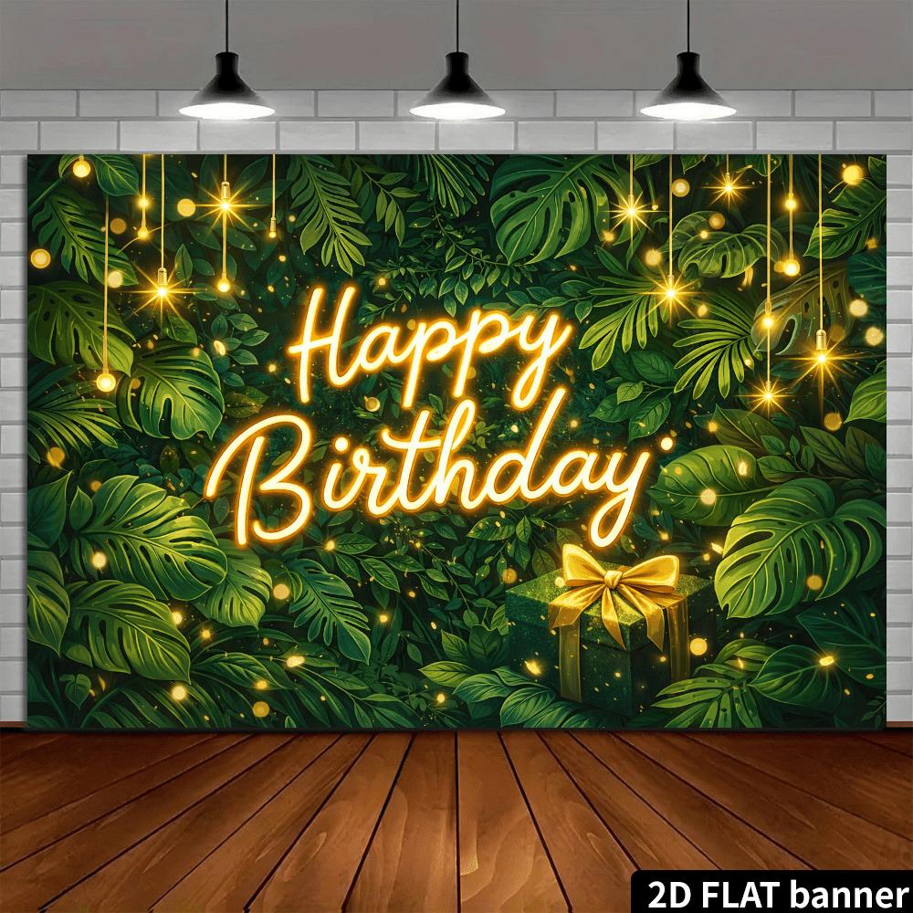 2D Vlak 1 Stuk 2D Vlak Banner Fijne Verjaardag Thema Decor Achtergrond Groen Tropisch Patroon Gouden Lichten Groene Cadeaubox Gouden Vlinder Voor