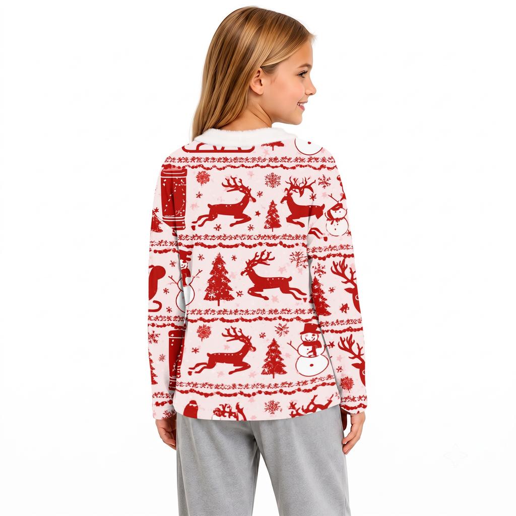 Girls V-neck Casual Top with Christmas Print Winter Holiday Pullover for Kids