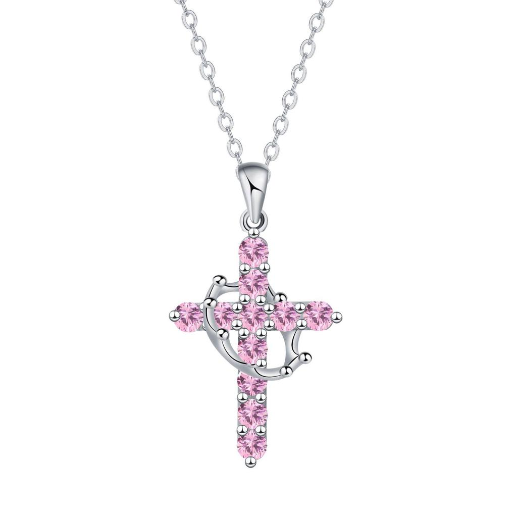 Multi-Color Birthstone Diamond Cross Necklace - Retro Religious Clavicle Pendant Gift