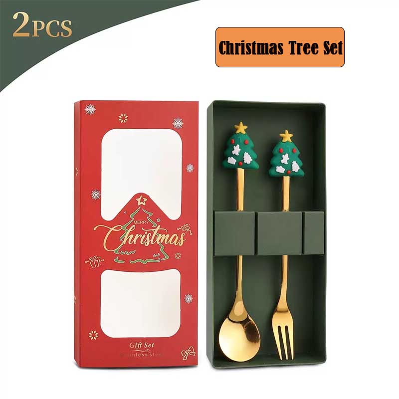 2PCS Stainless Steel Coffee Spoon Christmas Dessert Spoon Cake Fork Cartoon Christmas Tree Elk Spoon Fork Christmas Gift Box