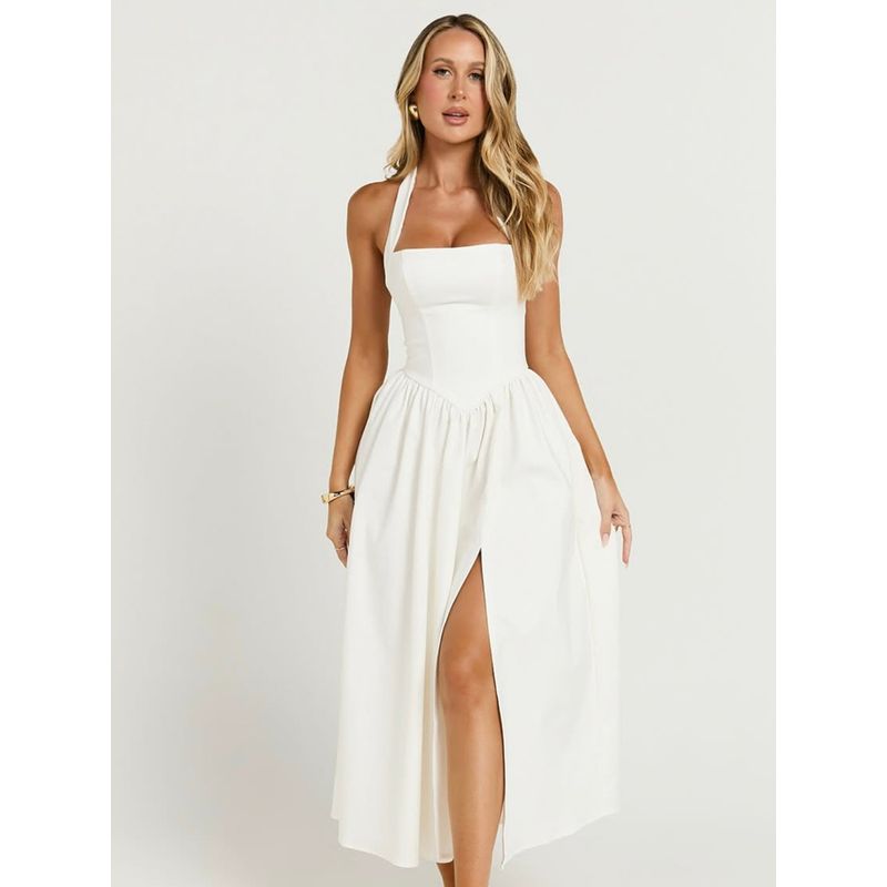 Dancer Voice French style Pure Desire White Moonlight Strap Hanging Neck Split Waist Hugging Slimming Temperament Mid-Length Dress