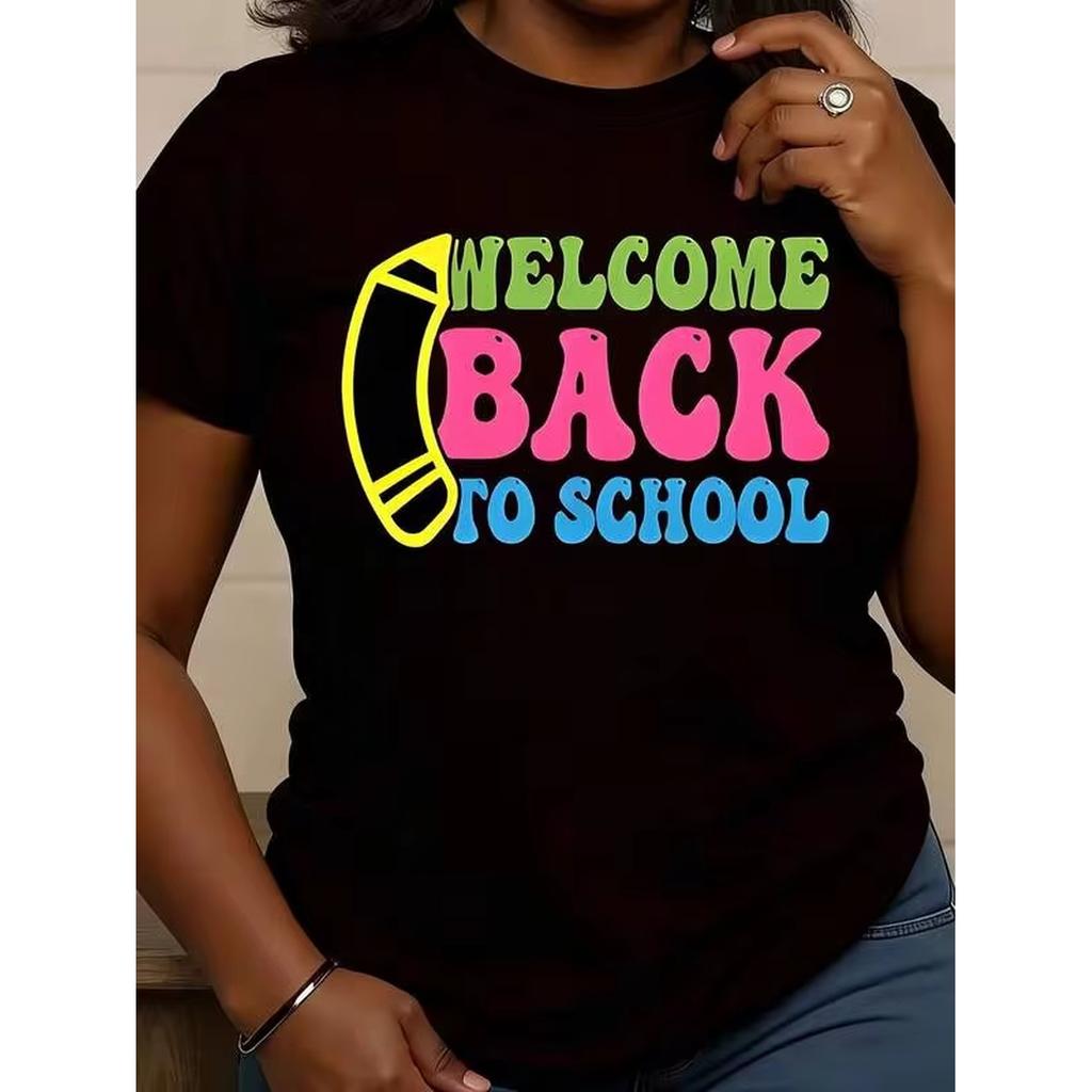Unisex Welcome Back To School Crayon Graphic Print Round Neck T Shirt Casual Short Sleeve Top For Female Students Teacher Back To School Season Cute