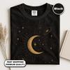 Celestial Moon T-Shirt, Minimalist Space Shirt, Cosmic Tee, Crescent Moon Shirt, Starry Tee, Boho Gold Celestial, Stars Tee