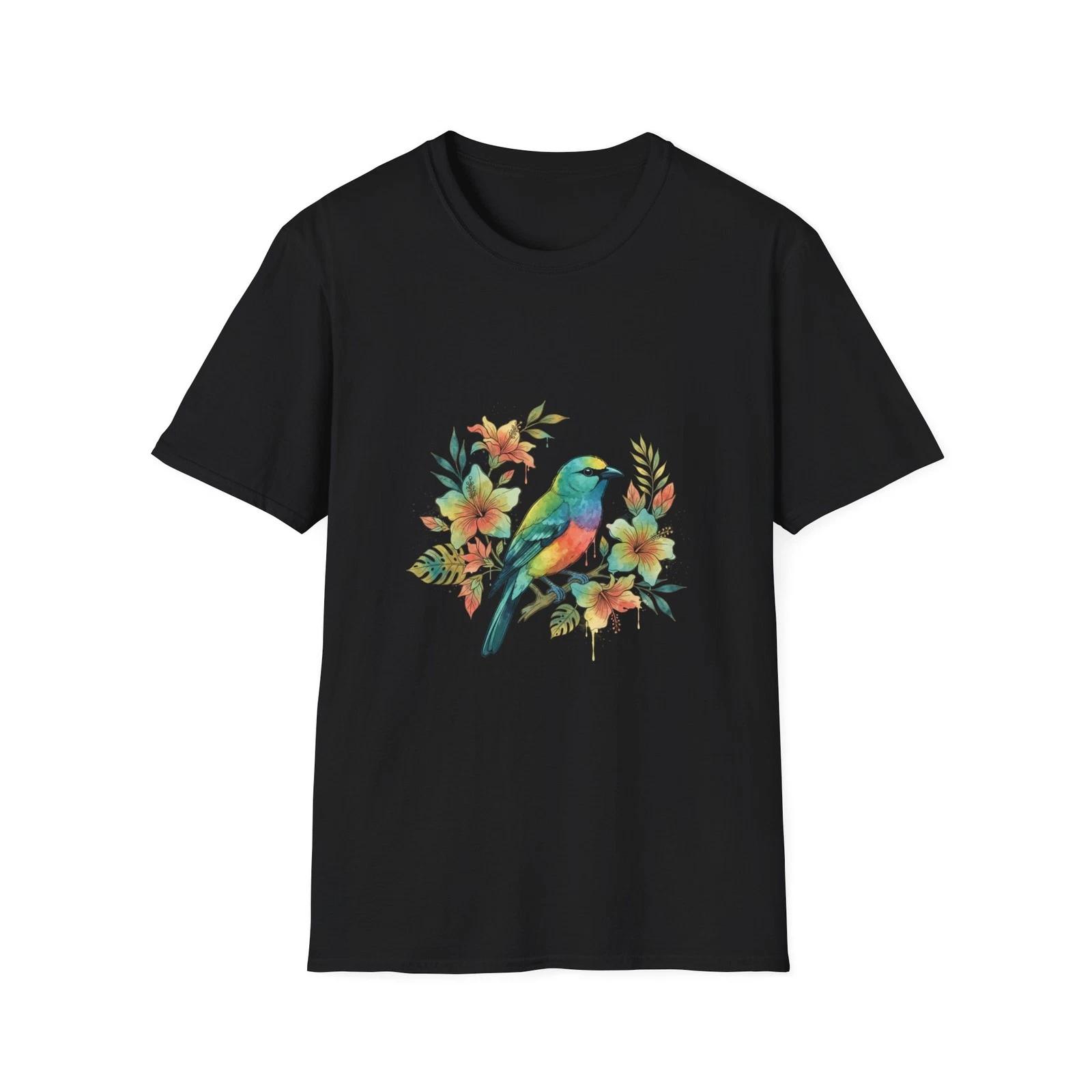 Bird Floral Watercolor Boho Black Tee Nature Aesthetic T-Shirt L