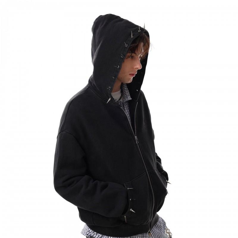 Unisex Streetwear Hooded Zip-Up Sweatshirt Punk Studded Loose Fit Black Casual Jacket