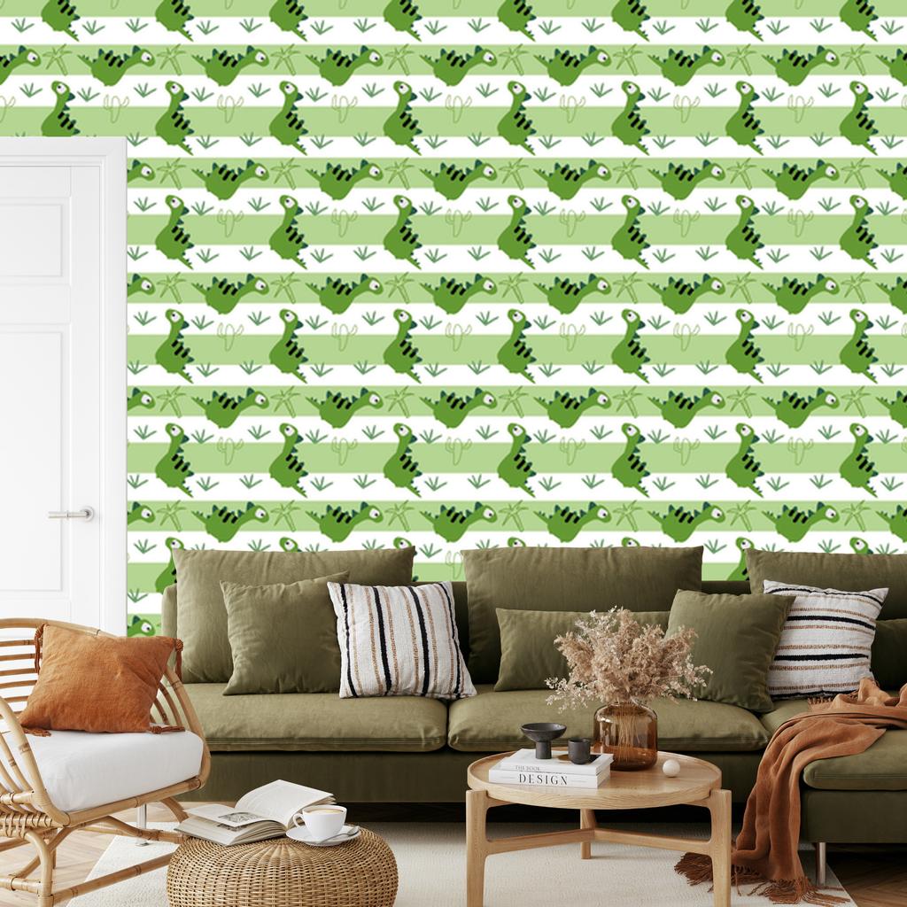 Dinosaurs Wallpaper In Green and Stripes for Living Room and Bedroom 50x1000