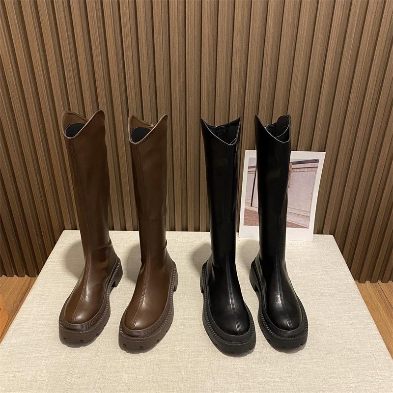 Women's autumn and winter new long boots, thick-soled long boots, high boots, women's middle heel but knee leather boots, velvet