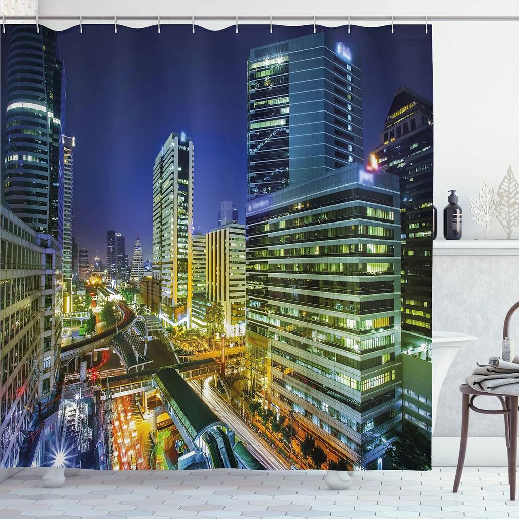 Cityscape Shower Curtain, Modern Skyscraper Skyline Famous Building Bathroom Curtain Waterproof Fabric Shower Curtain With Hooks
