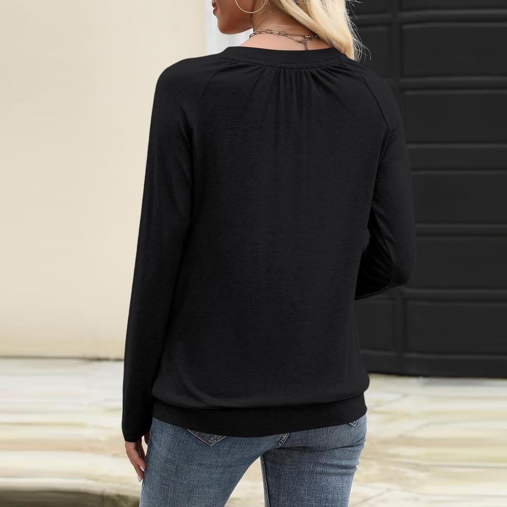 Women's Casual Fashion V-Neck Raglan Pleated Color Long Sleeve Top