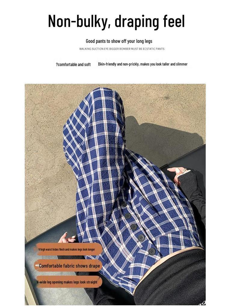 Zhao Lusi Style Women's Blue Plaid Wide-Leg Pants - 145 Petite, Early Autumn, Elegant Casual Straight-Leg