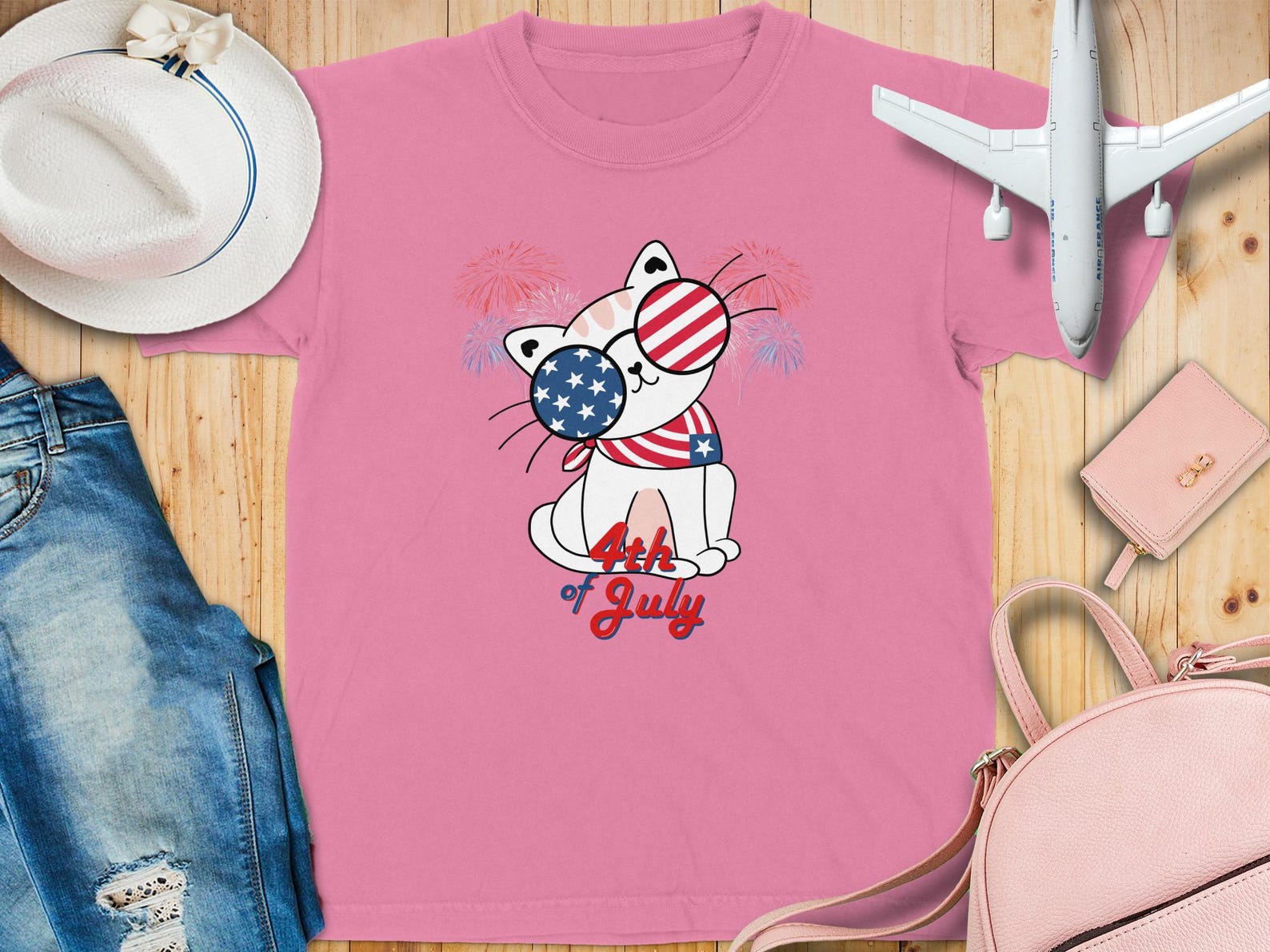 Patriotic Cat 4th of July T-Shirt, American Flag Kitten Tee, USA Summer Shirt M