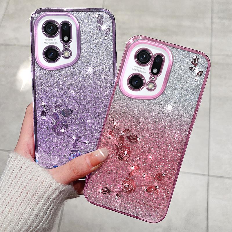 KADEM For Oppo Find X5 Pro 5G Cell Phone Case Rhinestone Flower Pattern Gradient Color Glitter Powder TPU Cover Protector