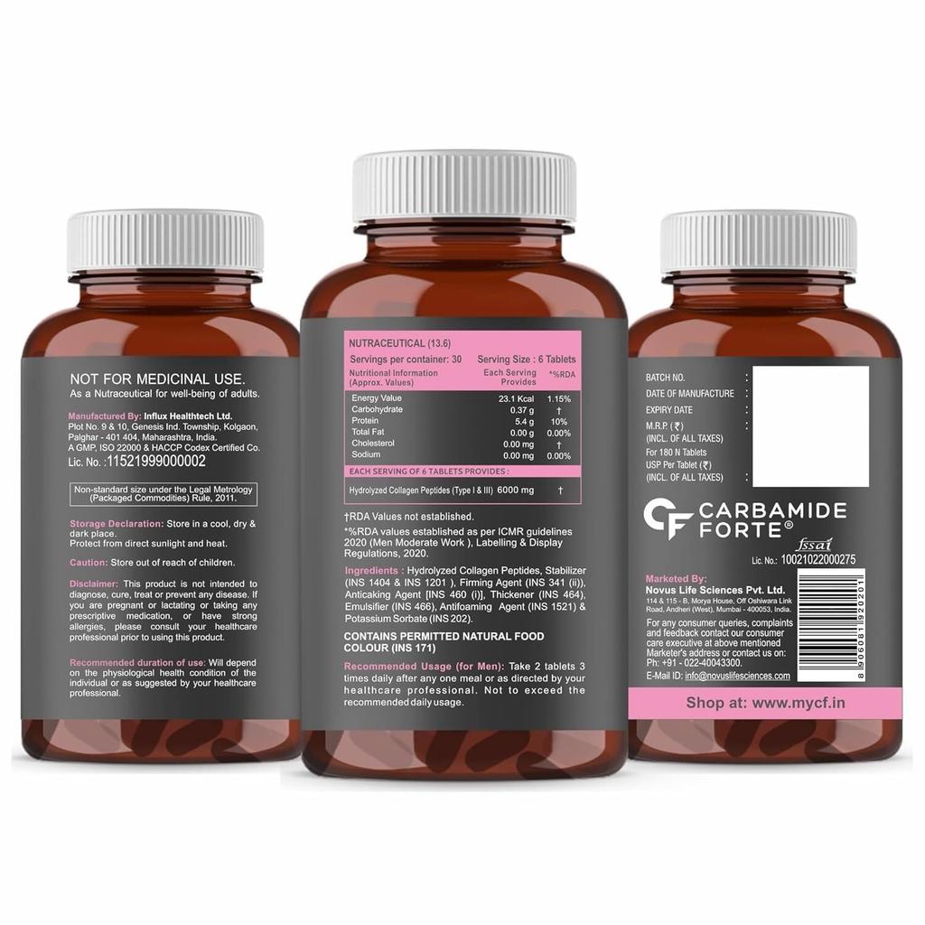 Carbamide Forte Collagen Supplements for Women & Men 180 Tablets | Type I & III Peptides for Skin Hair Nails