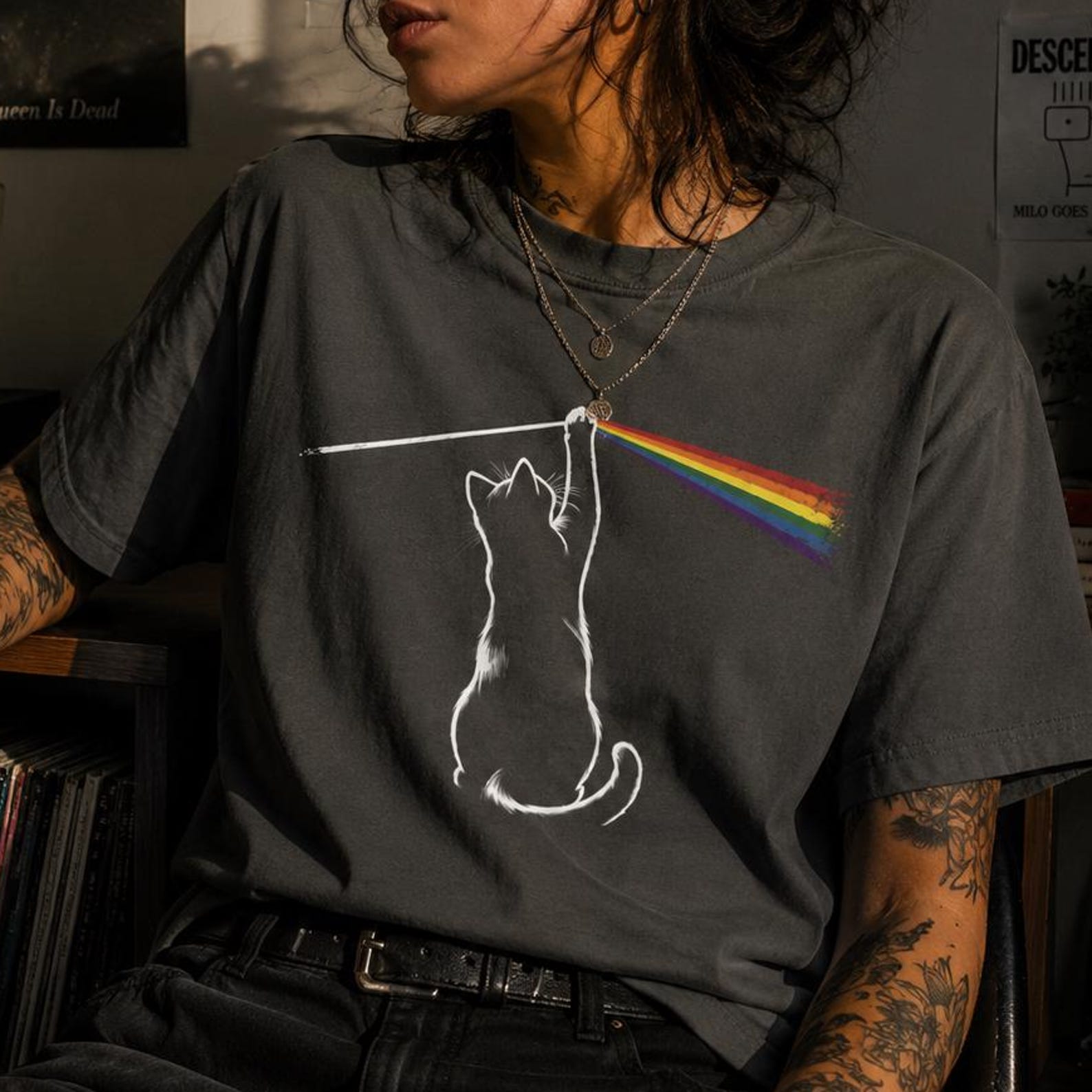 Cat Hanging From Rainbow Shirt, Funny Cat Lover Graphic, Retro Art Tee S