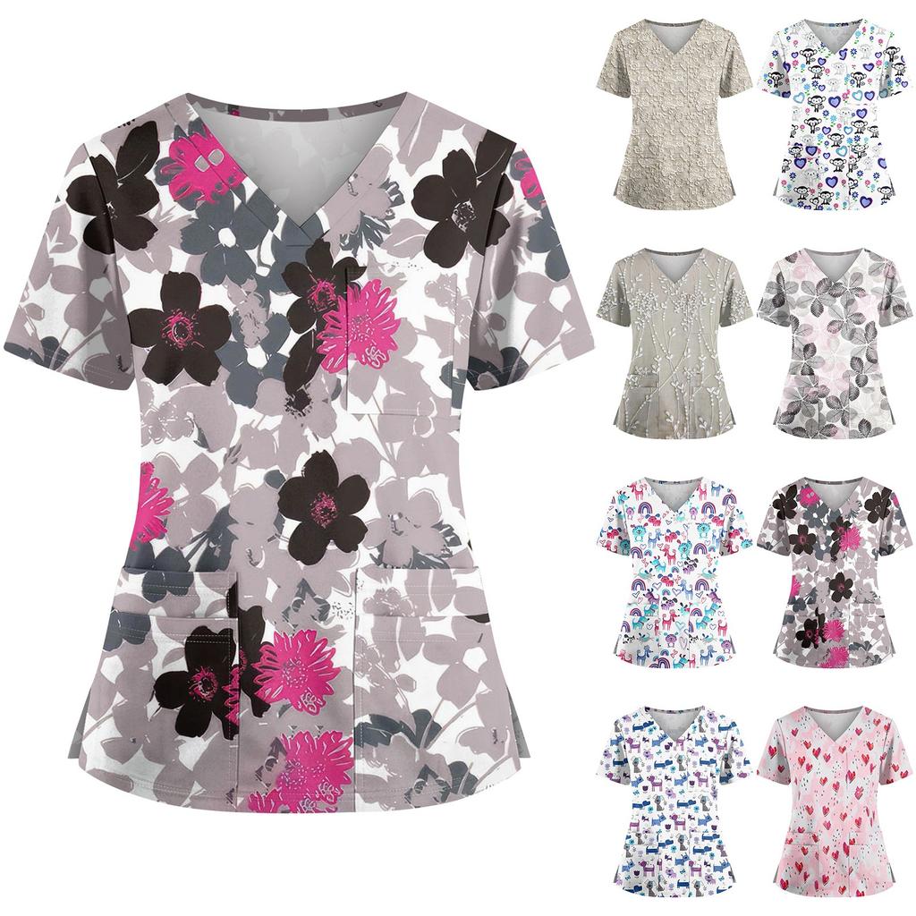 Plus SizePrinted Scrub Working Uniform Tops For Women's Cross V-Neck Halloween Print Short Sleeve Fun T-Shirts Workwear Tee With Pockets