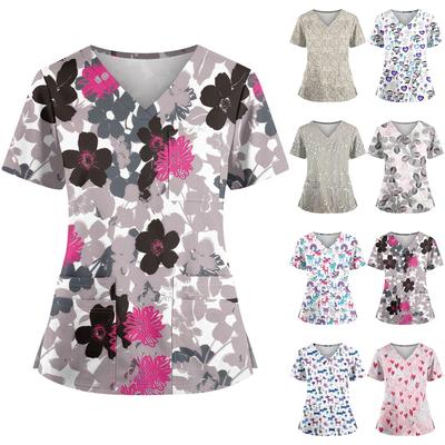 Plus SizePrinted Scrub Working Uniform μπλουζάκια για γυναικεία χιαστί με λαιμόκοψη V αποκριάτικη στάμπα με κοντομάνικα διασκεδαστικά μπλουζάκια, ρούχα εργασίας με τσέπες