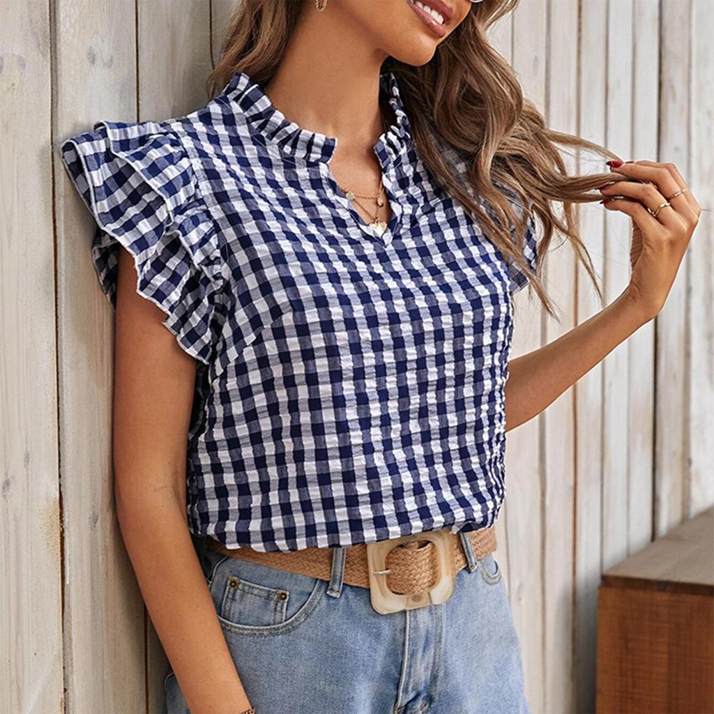 Women’s Summer V Neck Short Sleeve Double Layer Ruffle Blouse Casual Loose Fit Lightweight Top for Daily Wear