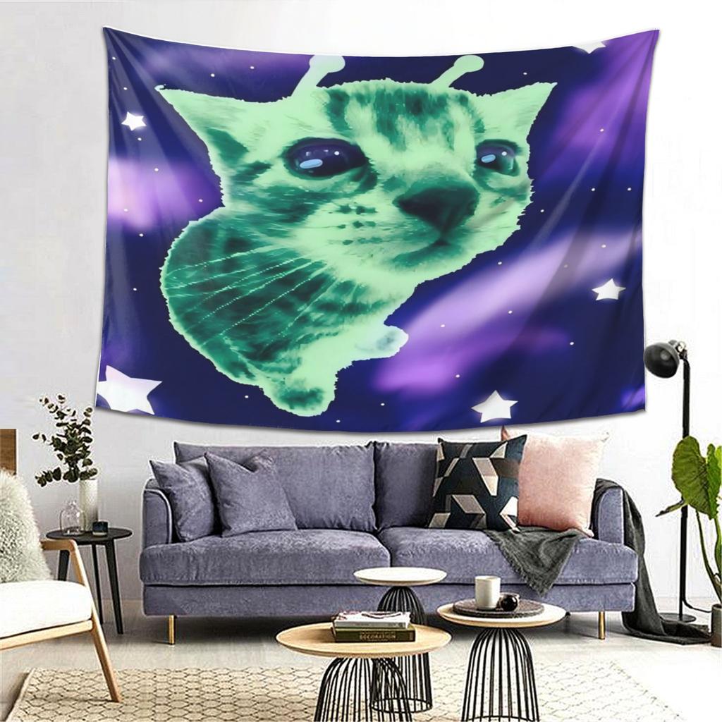Cute Green Meme Cat Tapestry Kawaii Cartoon Print Cute Core Aesthetic Wall Hanging Perfect For Bedroom Dorm Room Decoration Item