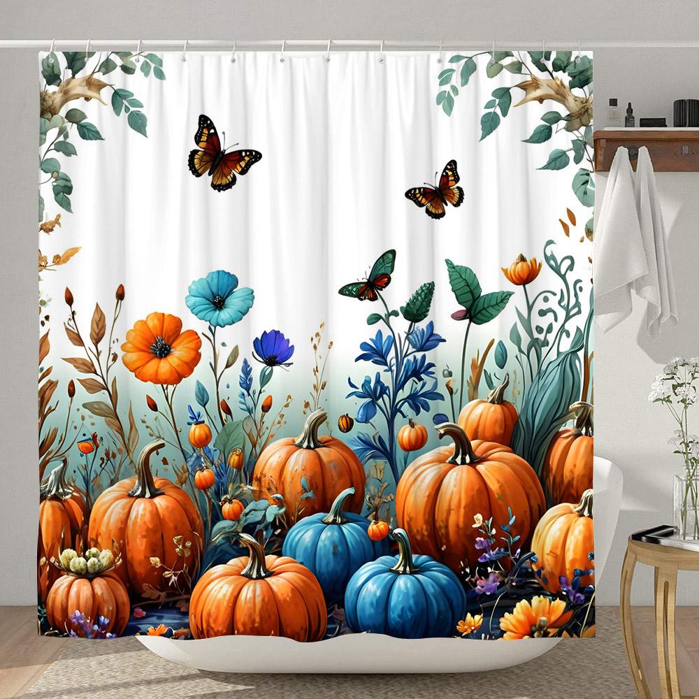 

Sunflower Pumpkin Shower Curtain Thanksgiving Rustic Farm Barn Elf Cute Dog Polyester Shower Curtains Bathroom Decor With Hook 90x180cm