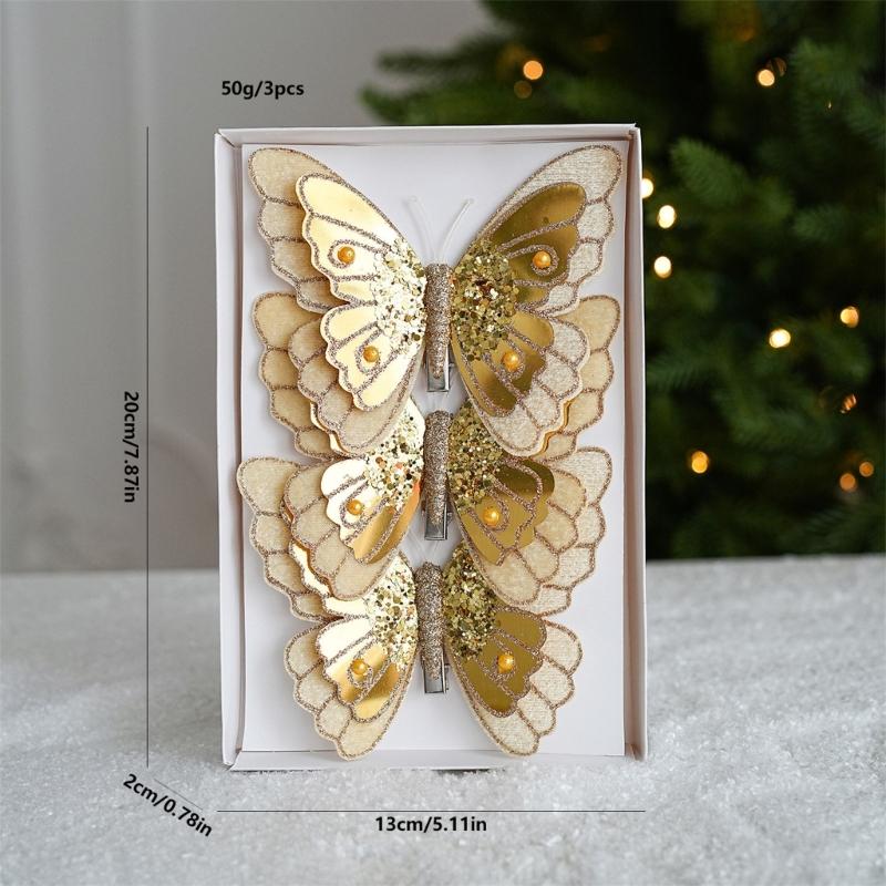 Pack Of 3 Double Layer Butterfly Christmas Tree Clip Accessory Elegant Fabric Ornament For Holiday Decorations