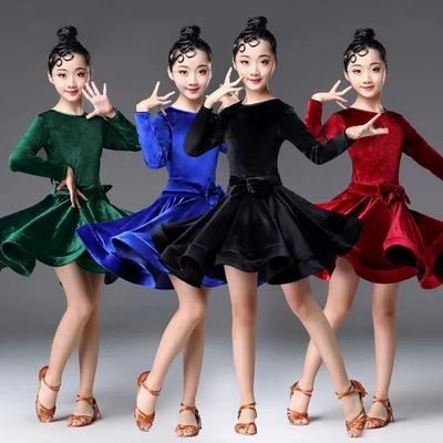 Samt Langarm Latein Tanzkleid für Kinder Mädchen Wettbewerb Tanzsaal Kinder Tango Salsa Tanzkleidung Trainingskleidung Cha Cha