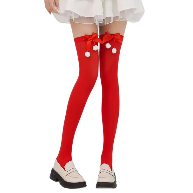 Christmas Thigh High Stockings Over the Knee Socks Halloween Cosplay Costumes for Womens Red Thigh High Socks with Bows