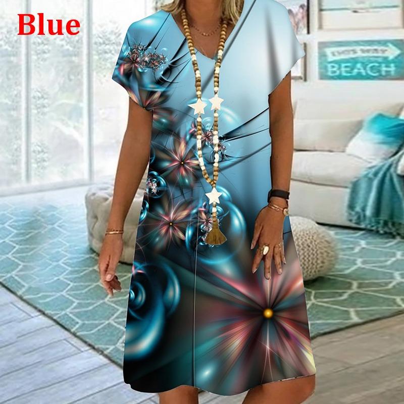 

Plant Flowers Colorful 3D Printing Dress For Summer Women Vintage Short Sleeve Loose Dress Casual V-Neck Oversized Clothin 6XL