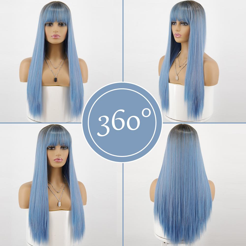 MISS WIG Peruci sintetice lungi, drepte, albastre, fibre de temperatură înaltă, pentru femei, peruci de păr de zi cu zi pentru petreceri, cu breton