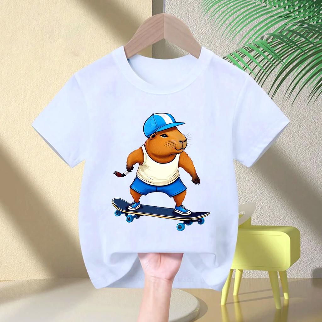 Cute Capybara Loves Bubble Tea Print Kids TShirt Summer Childrens Cartoon Shortsleeved Casual Tops Boys and Girls Clothing
