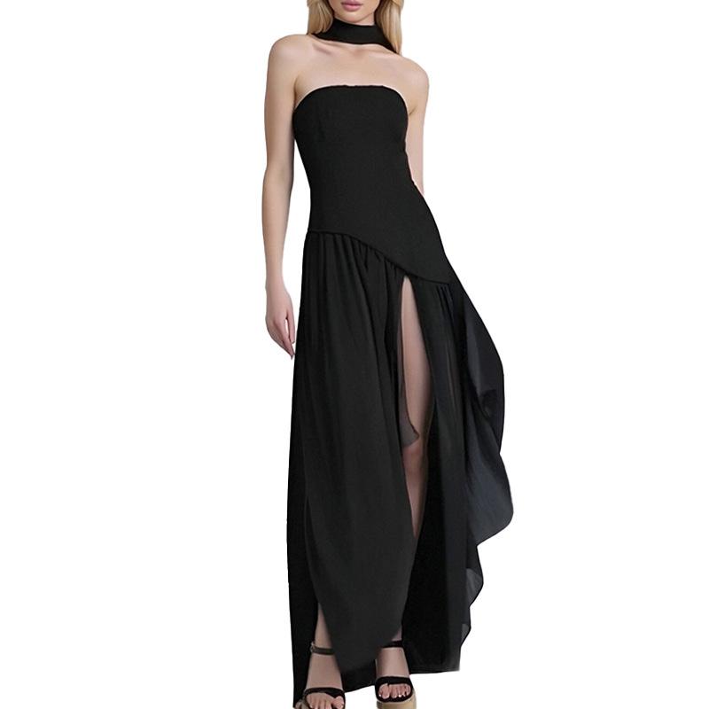 Women's clothing, new spring models in Europe, America, fashionable solid color tube top, high slit irregular dress