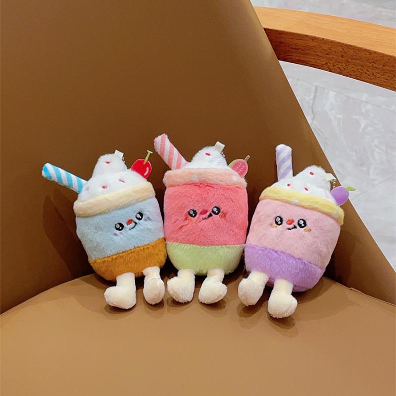 Cute Cartoon Ice Cream Smoothie Cup Plush Keychain Kawaii Cartoon Stuffed Doll Pendant Key Ring Bag Backpack Decoration Gift