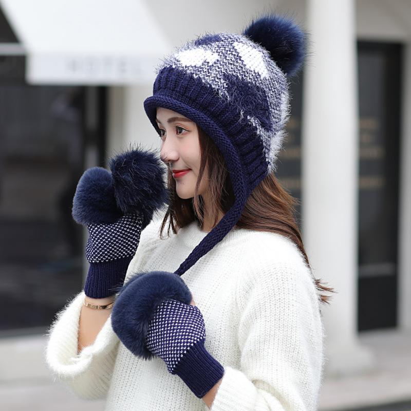 Hat Women's Winter Gloves Two-piece Set Versatile Fashion Knitted Hat Warm Ear Protection Cute Double Ball Wool Hat