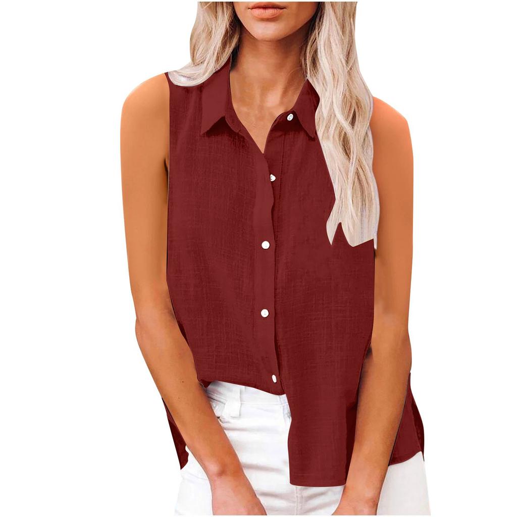 Women's Fashion Casual -Colour Sleeveless Cardigan Collar Cotton-Linen Button-Down Shirt T-Shirt Top