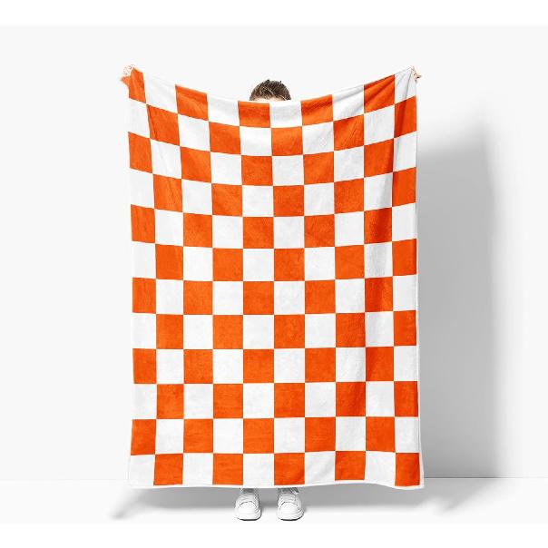 Checkered Blanket, White Orange Checkerboard Modern Minimalist Vintage Throw Blanket for All Seasons, Girl Woman Gifts Lightweight Soft Plush
