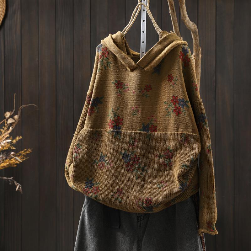 2025 Bo Jia Fan Flower Print Hooded Cotton Knit Sweater - Loose Fit, Autumn Style