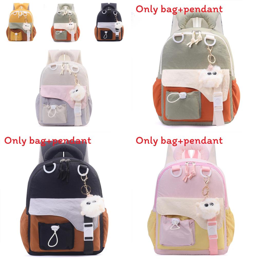 Childrens Color Blocked Backpack With Plush Pendant For School Use
