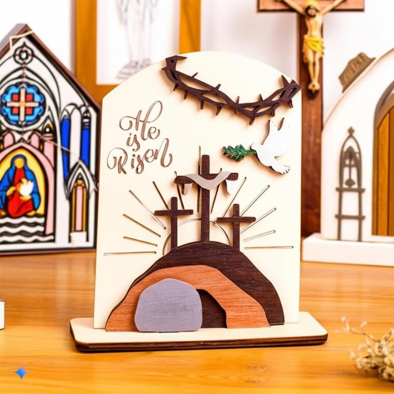 Easter Decorations He Is Risen 3D Wood Plaque Shelf Desk Tabletop Ornament Decor
