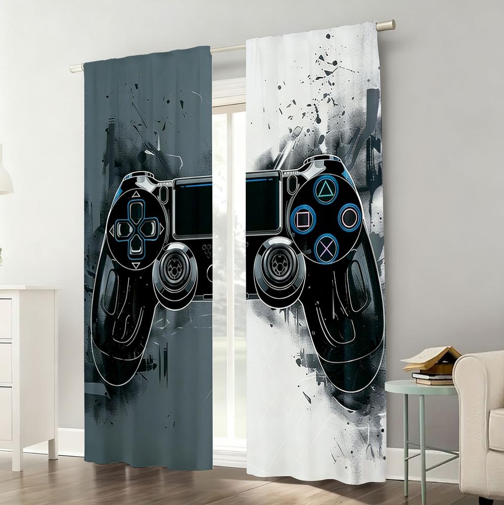 2PC Graffiti Gaming Controller Curtains - Black & White Abstract Print Window Drapes for Boys Bedroom Game Room Decor