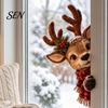 Non Marking Window Art Vintage Peeking Christmas Decor, 3D Carved Santa Reindeer Decorative Glass Adhesives Ornament with Hidden Suction Cup, Holiday