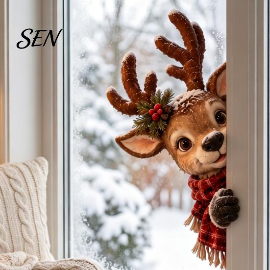 Non Marking Window Art Vintage Peeking Christmas Decor, 3D Carved Santa Reindeer Decorative Glass Adhesives Ornament with Hidden Suction Cup, Holiday