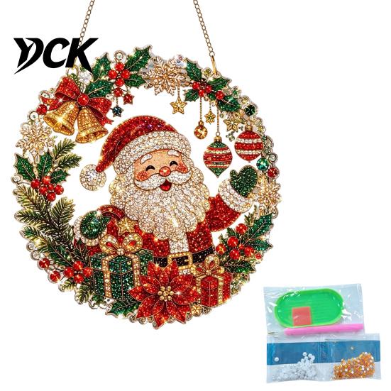 Christmas Window Decorations Faux Diamond Art Ornament, DIY Santa Claus Sun Catcher Kit, Rhinestone Acrylic Hanging Ornaments Xmas Wreath Ornament
