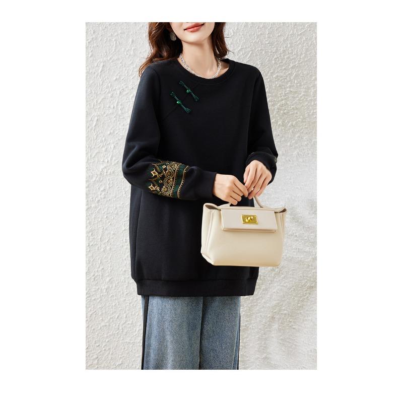 Women Loose Long Sleeve Crew Neck Pullover Sweatshirt Chinese Style Color Block Plus Size Top