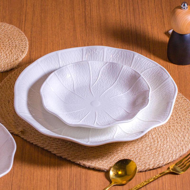 European Ceramic Lotus Leaf Dinner Plate White Embossed Western Steak Plate Home Breakfast Fruit Dessert Dish Ceramic Tableware