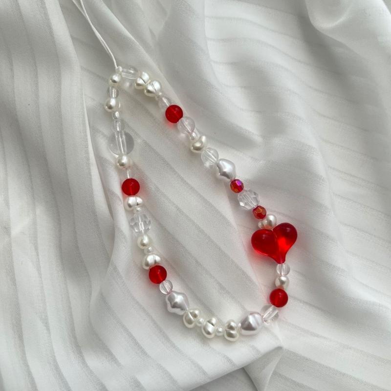 Bowknot Phone Lanyard Short Female Cute Peach Heart Colored Beaded Phone Shell Pendant Accessories Package Decoration