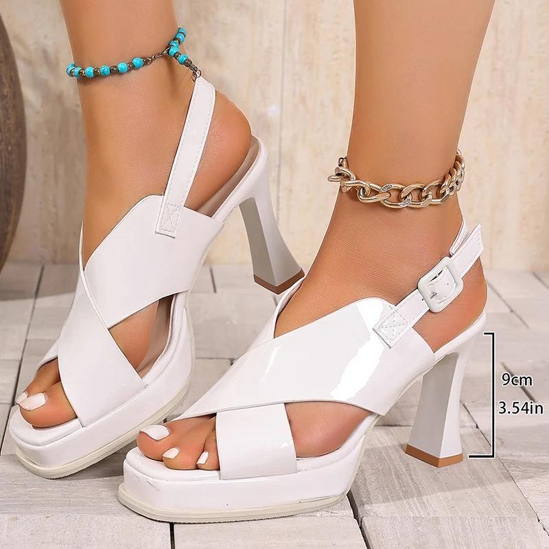 Fashion Fashion Women's Patchwork Pu Leather Sandals Summer Stiletto Heel Peep Toe Sandal Woman Buckle Strap Square Toe Sandals Female
