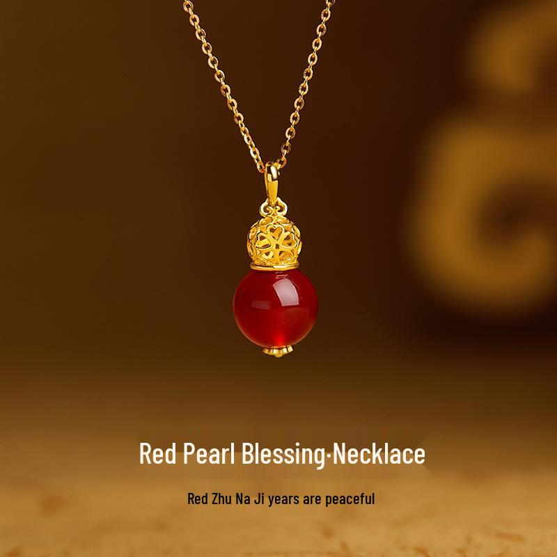 S925 Sterling Silver Fu Gourd Carnelian Pendant Necklace - Women's Chinese Style, Elegant Fresh Fashion Clavicle Chain