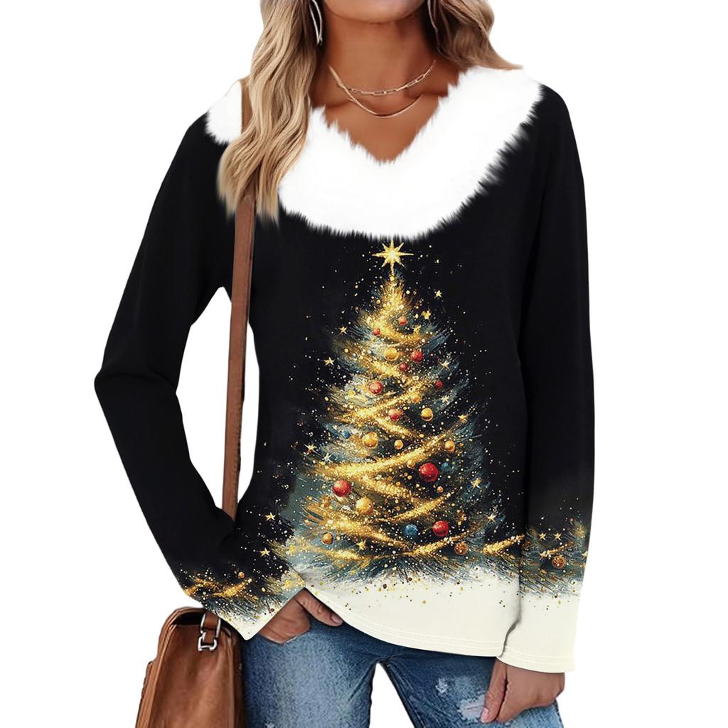 Women's Fashion Long Sleeve Christmas Print Party Plush Top