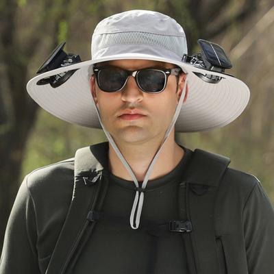 Fisherman Hat with Dual Brushless Solar Fans Cooling Forehead Neck UPF50 Anti-UV Fabric Wide Brim Adjustable Hiking Fishing Hat