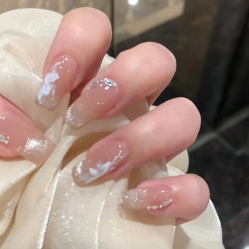 

Hand-Painted Cat Eye Floral Diamond Gel False Nails Medium