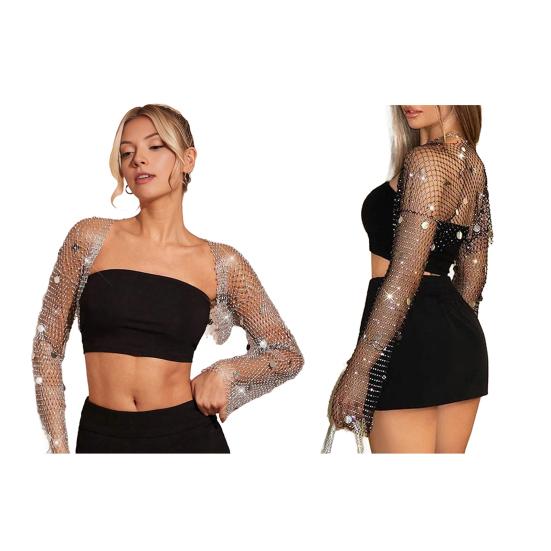 Damski Bolerko z Piórami i Dżetami Długi Rękaw Siateczka Fishnet Błyszczący Odkryty Przód Cover Up Błyszczący Crop Top na Imprezę